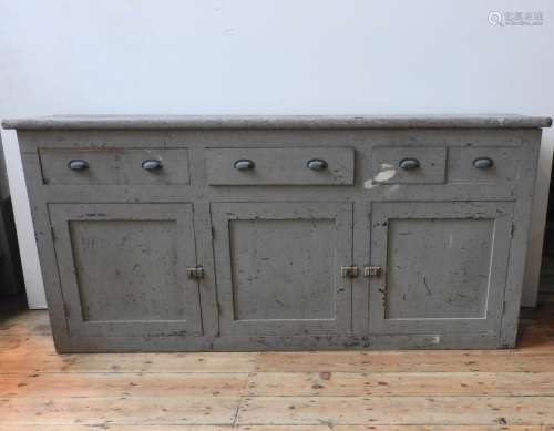 A RUSTIC DISTESSED PAINTED THREE DOOR PINE DRESSER BASE, wit...