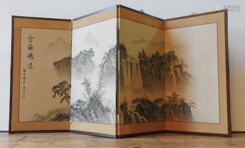 A CHINESE 20TH CENTURY 4-FOLD PICTORAL SCREEN DEPICTING MOUN...