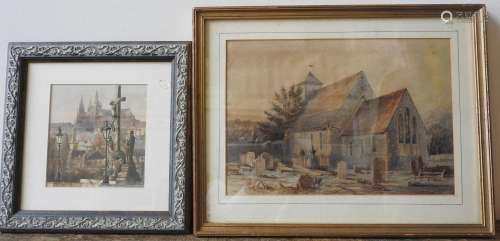 A RURAL CHURCH SCENE WATER COLOUR AND WATER COLOUR OF CRUCIF...