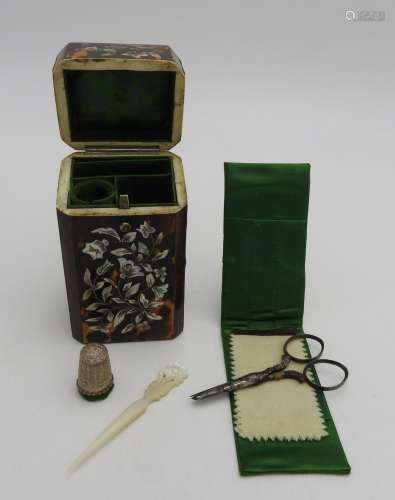 A 19TH CENTURY TORTOISHELL TRAVEL SEWING BOX, in set with in...