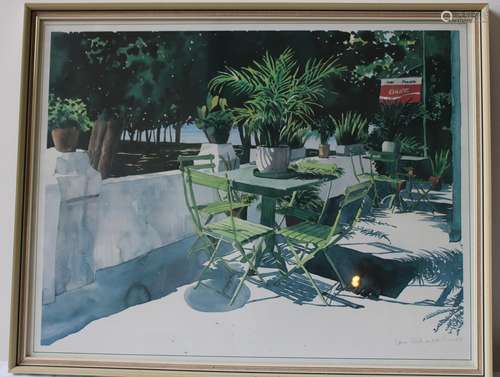 COLOUR LITHOGRAPH OF TERRAZZA, SIGNED RICHARDSON, 50 x 65cms