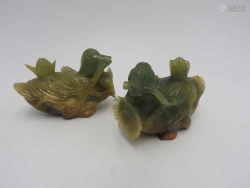 PAIR OF CHINESE CARVED GREEN-HARDSTONE DUCKS 20TH CENTURY 6c...