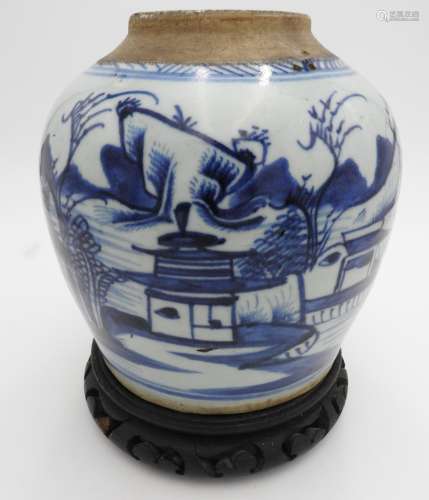 A CHINESE BLUE AND WHITE GLAZED GINGER JAR WITH CARVED WOODE...