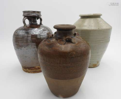 THREE CHINESE GLAZED POTTERY JARS SONG DYNASTY OR LATER 18cm...