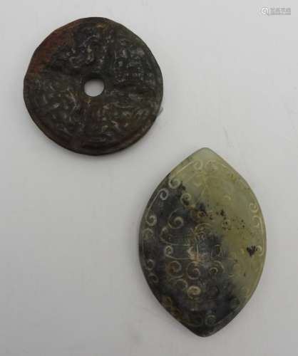 TWO CHINESE CARVED 'ARCHISTIC' JADE PENDANTS 19TH / 20TH CEN...