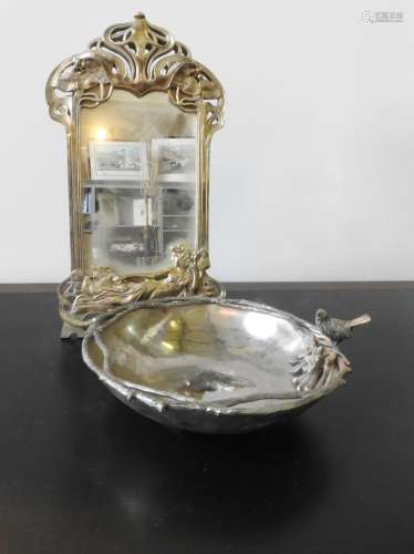 AN ORNATE SILVER GILT ART NOUVEAU-STYLE TABLE MIRROR AND BIR...