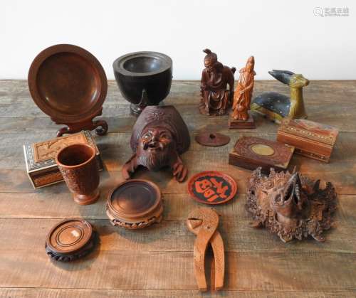 CARVED TREEN ORNAMENTS INCLUDING CHINESE WALL MASKS, STANDS,...