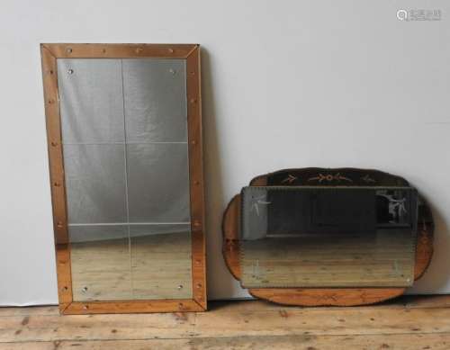 TWO VINTAGE WALL MIRRORS WITH ROSE TINTED MIRROR FRAMES, the...