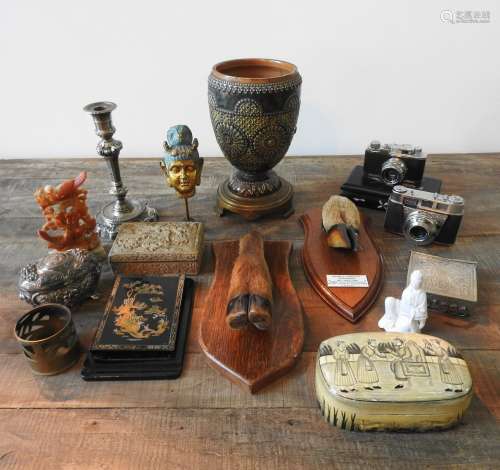 TWO HUNTING TROPHIES, VINTAGE CAMERAS, OIL LAMP BASE AND SOP...