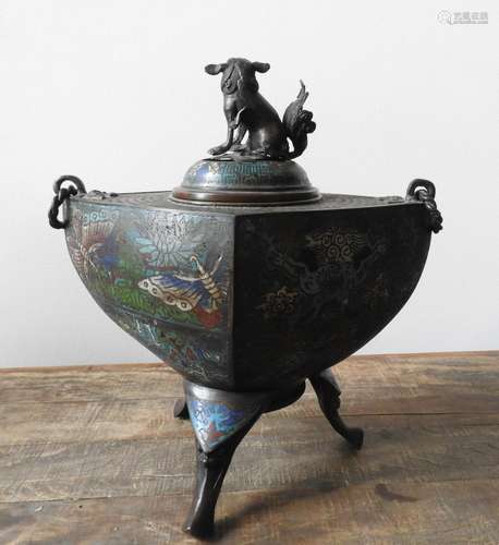 CHINESE CLOSINNE BRONZE TRIPOD CENSER AND COVER LATE QING DY...