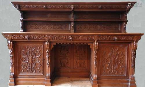 AN ORNATE CARVED OAK 19TH CENTURY CONTINENTAL SIDEBOARD, con...