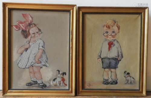 A PAIR OF OIL PAINTINGS ON CANVAS OF BOY AND GIRL, monograme...