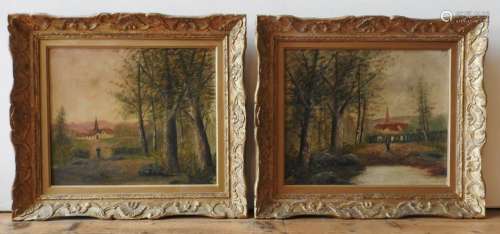 A PAIR OF OIL ON CANVAS OF RURAL CHURCH LANDSCAPE SCENES, 43...
