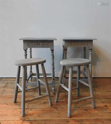 TWO PAINTED STOOLS AND A PAIR OF LAMP TABLES