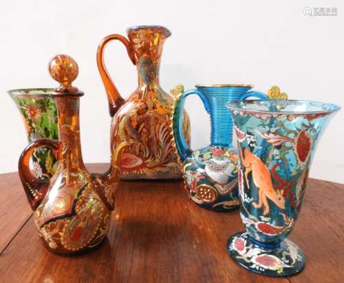 THREE CONTINENTAL OVERPAINTED COLOURED GLASS VASES, DECANTER...