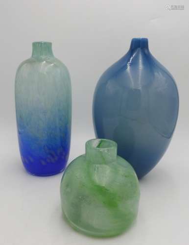 THREE BLUE AND GREEN CONTEMPORARY ART GLASS VASES, the talle...