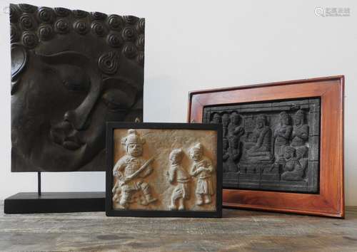 TWO 20TH CENTURY CHINESE CARVED STONE PANELS AND CARVED WOOD...