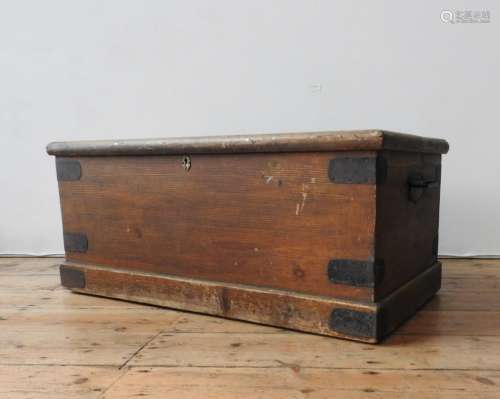 A VICTORIAN METAL BOUND PINE BLANKET BOX AND A STAINED PINE ...