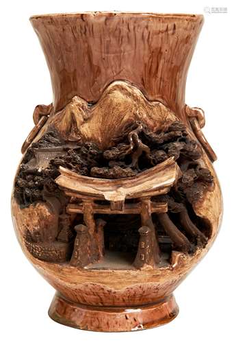 JAPANESE CARVED MIYAJIMA WARE POTTERY VASE ITSUKAKU KILNS, 2...