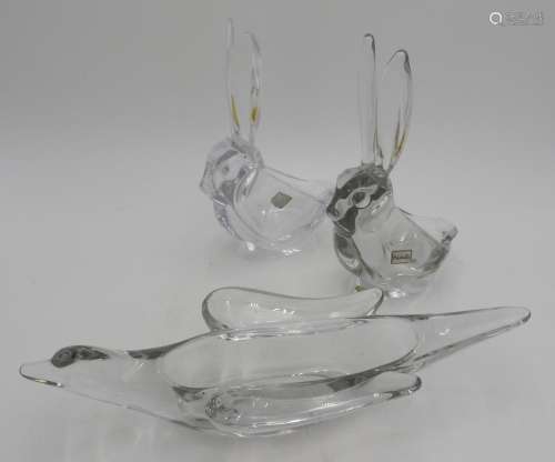 A PAIR OF VAURES FRENCH ART GLASS CRYSTAL RABBIT FIGURES AND...