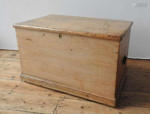 A 19TH CENTURY WAXED PINE BLANKET BOX, with two iron ring ha...
