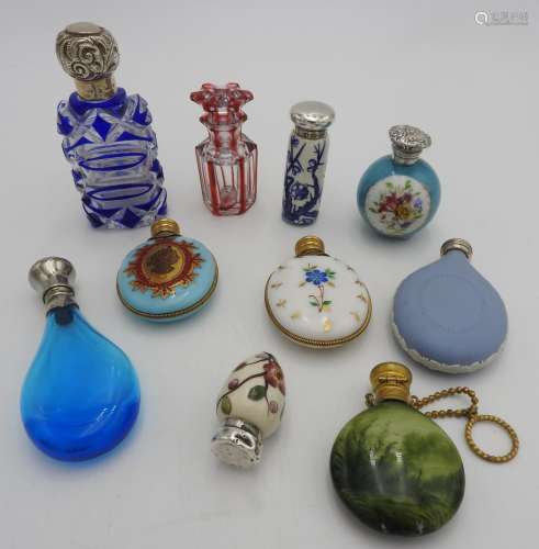 FOUR HALLMARK SILVER TOP SCENT BOTTLES AND SIX OTHERS