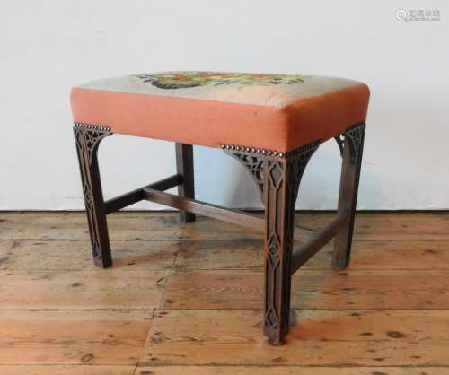A 19TH CENTURY MAHOGANY FRAMED TAPESTRY TOP STOOL, the tapes...