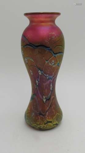 AN OKRA IRIDESCENT ART GLASS VASE SIGNED R.P GOLDING, etched...
