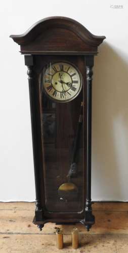 A MAHOGANY CASED DOUBLE WEIGHT WALL CLOCK, with two weights,...