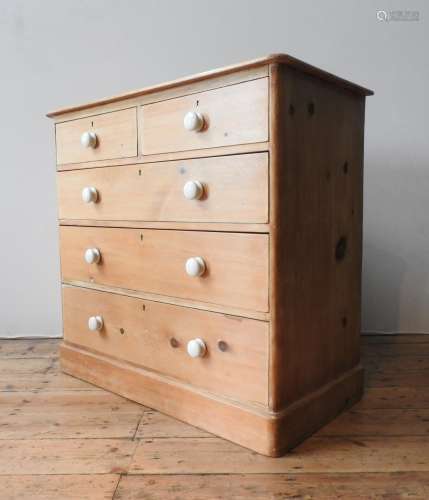 A VICTORIAN WAXED PINE CHEST OF FIVE DRAWERS, two short draw...