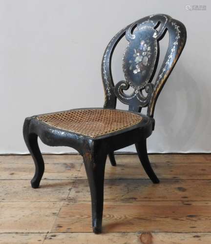 A 19TH CENTURY PAPIER MACHE CANE SEATED CHILD'S CHAIR, with ...