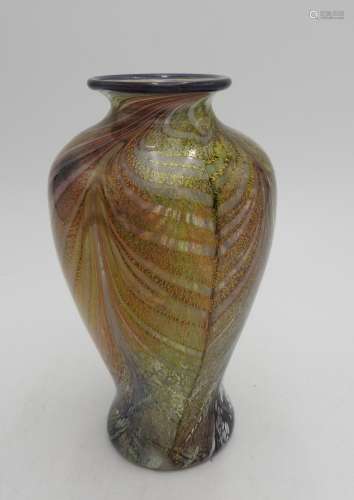 A JONATHAN HARRIS ART GLASS FEATHER EFFECT VASE, etched sign...