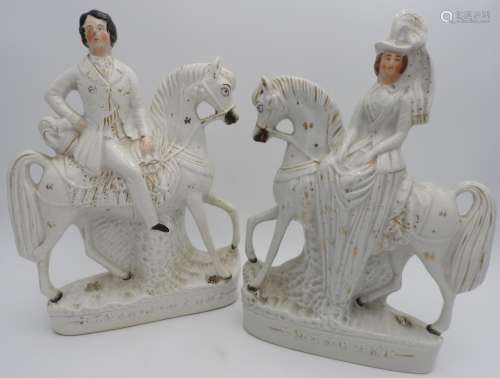 TWO 19TH CENTURY STAFFORDSHIRE FLAT BACK FIGURES ON HORSE BA...