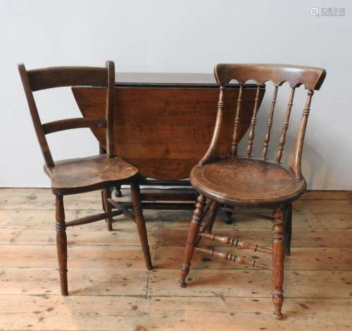 AN OAK GATE-LEG TABLE WITH TWO VICTORIAN SIDE CHAIRS AND A W...