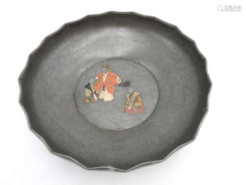 JAPANESE PEWTER AND ENAMEL LOW BOWL MEIJI PERIOD impressed s...