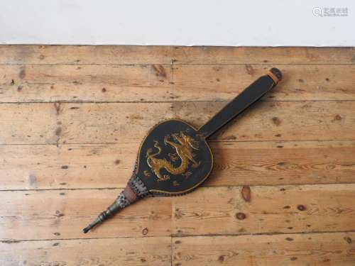 A PAIR OF 19TH CENTURY LONG HANDLED JAPANNED BELLOWS, painte...
