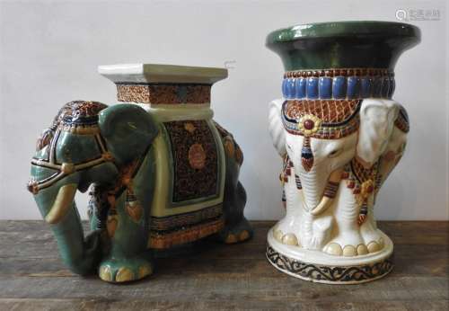 TWO CERAMIC ELEPHANT DECORATED STOOLS, the tallest measuring...