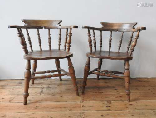 A 19TH CENTURY ELM SEAT SMOKER'S BOW CHAIR AND ONE OTHER, wi...