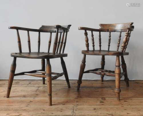 TWO 19TH CENTURY SMOKER'S BOW CHAIRS, with twin stretcher ba...