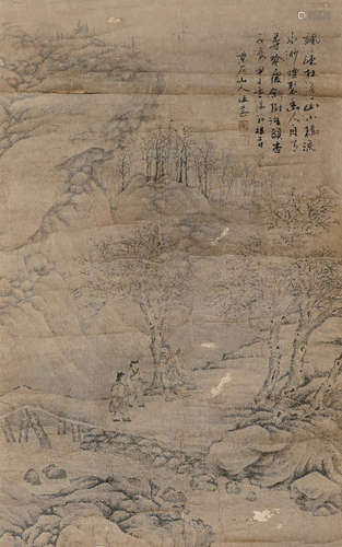 汪恭 甲子（1864年）作 山水人物 镜片 设色纸本