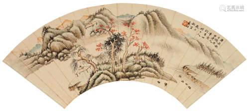 袁昉 庚辰（1940年）作 山水扇面 镜片 设色纸本
