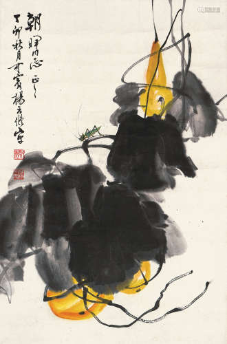 杨应修 丁卯（1987年）作 草虫葫芦 立轴 设色纸本