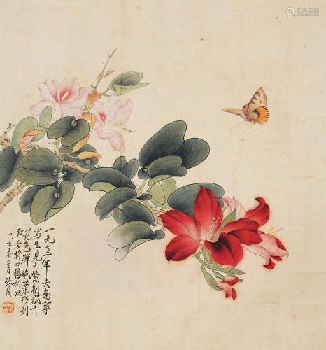 俞致贞 1973年作 花蝶图 镜片 设色纸本