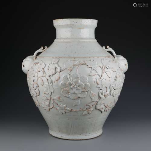 Shufu Kiln Carved Porcelain Peony And Beast-Eared Jar