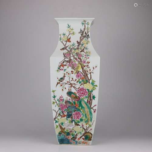 Famille Rose Phoenix And Bird Square Vase