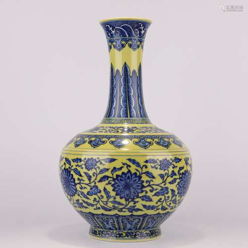 Yellow-Ground And Underglaze Blue Entwining Lotus Bottle Vas...