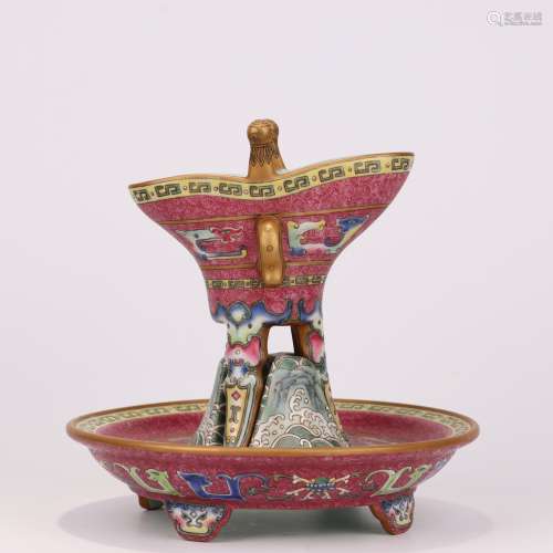 Famille Rose Archaic-Style Jue Cup And Cup Stand