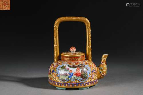 Falangcai Enamel Western Figure Loop-Handle Pot - Qing Dyn. ...