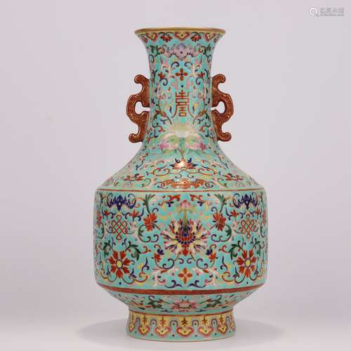 Turquoise-Ground Falangcai Buddhist Lotus Double-Eared Vase