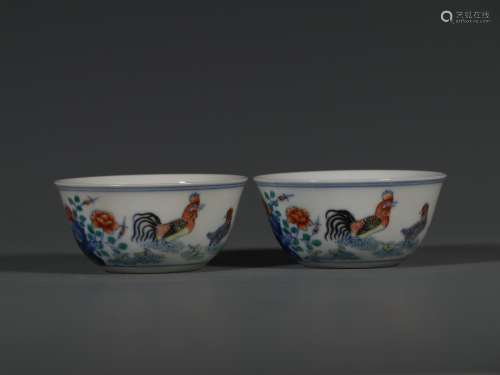 Pair Of Doucai Glaze Rooster Cups
